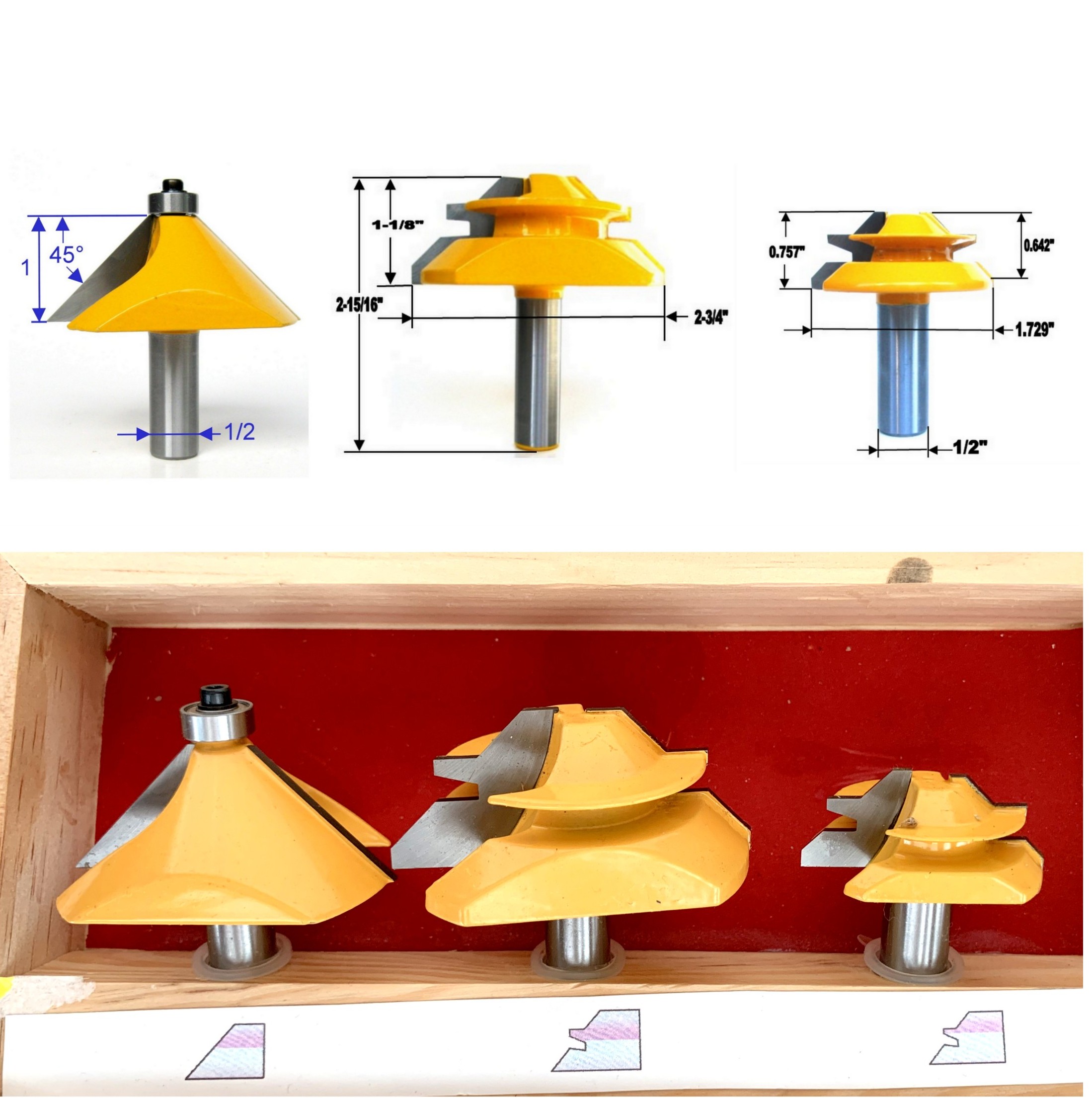 3pc 1/2" SH 1" Depth Chamfer, 45° Miter, Small 45° Miter JointC Router